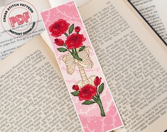 Skeleton bookmark cross stitch pattern PDF, Skeleton and roses, Bookish gift, Gothic handmade reading bookmark, Gothic valentines gift