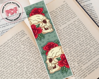 Skull and roses bookmark cross stitch pattern PDF download, Gothic handmade bookmark, Gothic valentine, Book lover gift, Reader gift