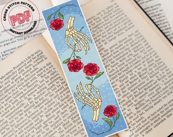 Skeleton hands bookmark cross stitch pattern PDF download, Hand Holding Flowers, Gothic handmade bookmark, Book lover gift, Romantic gift