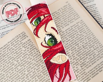 アニメ風クロスステッチブックマークパターン PDF ダウンロード、女性のアニメの目、アニメの女の子の刺繍デザイン、本のアクセサリー、本好きへのギフト