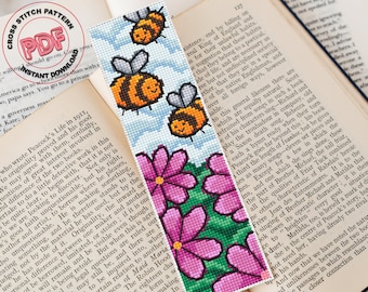 Marcador de abeja patrón punto de cruz PDF, Marcador divertido para niños, Lindo patrón de abejorro marcador hecho a mano, Accesorios para libros, Regalo para amantes de los libros