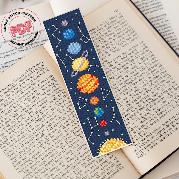 Solar system bookmark cross stitch pattern PDF, Unique space pattern, Astronomy embroidery, Cosmos handmade bookmark book lover gift