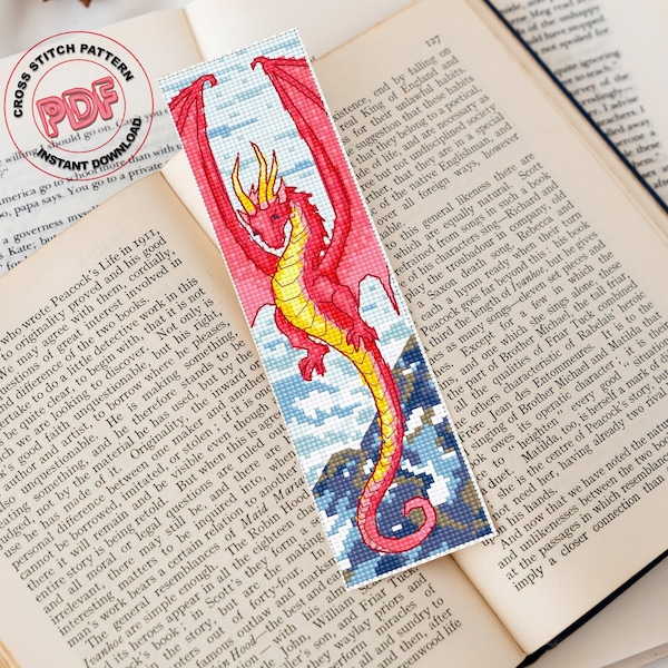 Dragon bookmark cross stitch pattern PDF, Fantasy dragon embroidery pattern, Red Chinese dragon handmade bookmark, Book lover gift