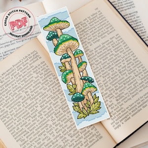 Marcador de cogumelo padrão de ponto cruz pdf, padrão de bordado de cogumelo mágico, acessório de livro, marcadores artesanais de outono, presente para amantes de livros