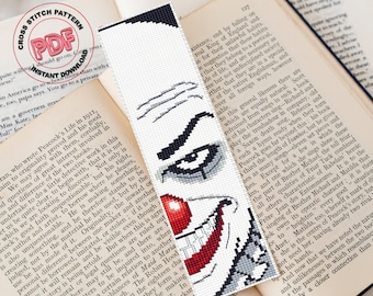 Horror bookmark cross stitch pattern PDF download, Creepy clown handmade bookmark for book lover gifts, Scary gothic bookmark, Reader gift