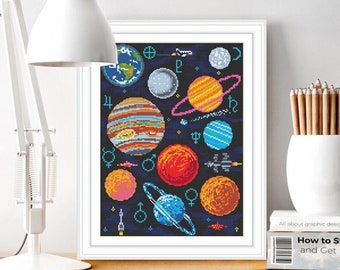 Solar System cross stitch pattern PDF download Planet, Astronomy сross stitch, Modern space embroidery design, Space cross stitch #P156