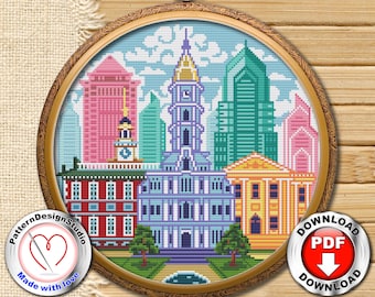 Philadelphia#P15 Cross Stitch Embroidery Pattern Instant Download, How To Cross Stitch, Cross Stitch chart, Embroidery Designs, Travel gift