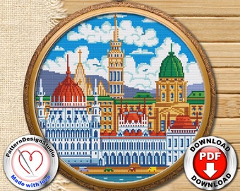 ブダペスト クロスステッチ パターン PDF ダウンロード、ハンガリー、都市風景の壁アート、旅行クロスステッチ、カウントクロスステッチ、旅行者へのギフト