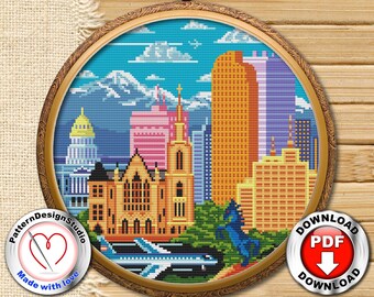 Denver #P111 Patrón de bordado de punto de cruz Descarga instantánea / Bordado moderno / Pretty Little City / Cross Stitch World / Descarga PDF