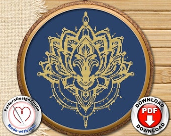 Mandala Flower Lotus cross stitch pattern download, Counted cross stitch pattern, Embroidery designs, Easy cross stitch, Digital file PDF