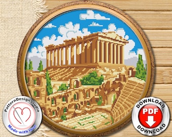 Greece Cross Stitch Pattern PDF Download, Athens, Acropolis, Modern Cross Stitch, Travel cross stitch, Embroidery design, Traveler's gift