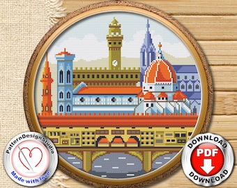 イタリアのクロスステッチ パターン PDF ファイル、フィレンツェのクロスステッチ、都市の風景、旅行のクロスステッチ、建築のクロスステッチ、旅行者への贈り物