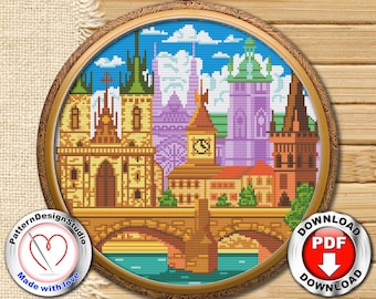 Prague Cross Stitch Pattern PDF Download, Czech Republic Cross Stitch, Travel Cross Stitch, Cross stitch chart, Gift for travelers