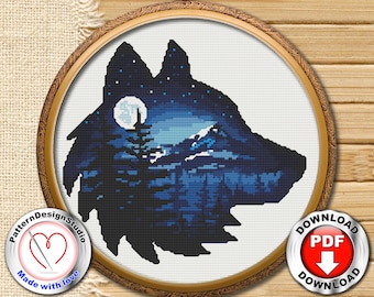 Wolf Silhouette #P72 Animals Cross Stitch Patterns | Instant Download | Silhouette Cross Stitch Patterns | Easy Embroidery Designs