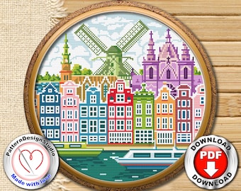 Amsterdam cross stitch pattern PDF download, Holland needlepoint pattern, Travel cross stitch, Embroidery design pattern, Travel gift