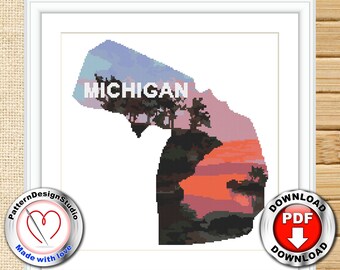 Michigan State Modern, point de croix compté, motif nature, point de croix, motif de broderie, paysage, coucher de soleil, États-Unis, format numérique PDF
