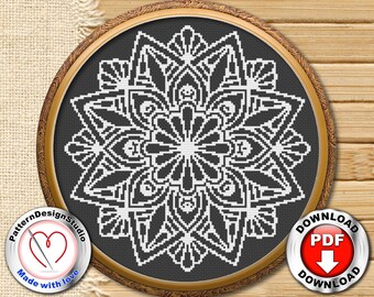 Black and white mandala cross stitch pattern, Flower embroidery design, Modern cross stitch, Cross stitch chart, Digital file PDF