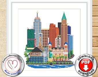 Patrón punto de cruz Las Vegas PDF, horizonte de la ciudad, diseños de bordado, proyecto de puntada, patrones de bordado, punto de cruz moderno, Archivo Digital