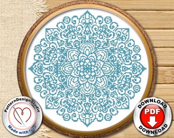 Mandala blommönster korsstygnsmönster för nedladdning, Blått blommönster, Broderidesign, Modernt korsstygn, Digital fil i PDF-format