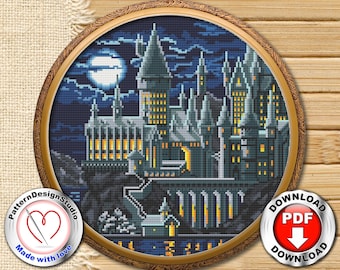 Magic Castle Cross Stitch Pattern PDF Fantasy castle Wizard school Modern embroidery design Easy counted cross stitch