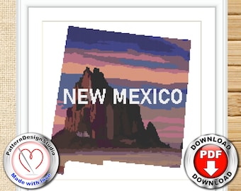 Paisaje Patrón de punto de cruz moderno Estado de Nuevo México Naturaleza punto de cruz Paisaje Diseño de bordado Montañas Estado de EE. UU. Formato digital PDF