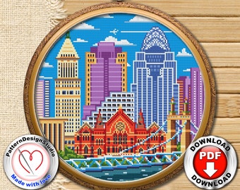 Modèle PDF de point de croix de Cincinnati, voyage aux États-Unis, point de croix, motif de broderie, point de croix, cadeau de voyage