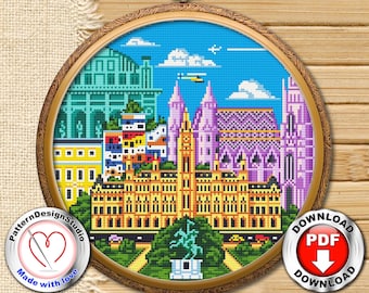 Austria landscape cross stitch kit Europe architecture horizontal colorful art Brigth castle embroidery design Old cathedral needlepoint