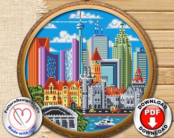 Toronto cross stitch pattern PDF digital file, Travel Canada cross stitch, City skyline, Cross stitch world, Embroidery pattern, Travel gift