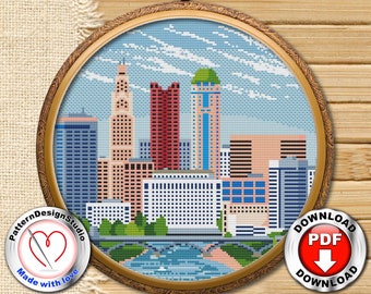 オハイオ州のクロスステッチ パターン PDF デジタル ファイル、旅行 USA クロスステッチ、都市のスカイライン、ニードルポイント パターン、刺繍デザイン、旅行ギフト
