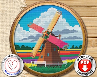Dutch Cross Stitch PDF Pattern Netherlands Windmill Travel cross stitch Holland Amsterdam Embroidery design Pattern Advanced Beginners