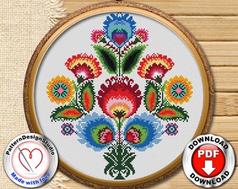 Floral art Folk Flower Cross Stitch Pattern PDF Instand Download | Counted Cross Stitch | Traditional Folk Art Modern Cross Stitch #P303