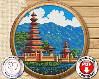 バリ島のクロスステッチパターン PDF ファイル、インドネシア、モダン クロスステッチ、旅行用クロスステッチ、自然クロスステッチ、旅行用ニードルポイント パターン