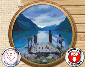 Nature, point de croix, paysage, quai, lac, tableau de point de croix compté, aube, point de croix, paysage marin, téléchargement immédiat, PDF