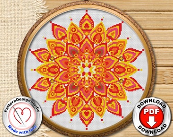 PATTERN Mandala Cross Stitch Chart, Bright Modern Cross Stitch, Multicoloured Rainbow Mandala, Flower cross stitch pattern, Embroidery Hoop