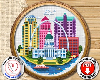 かわいいセントルイスのクロスステッチ刺繍パターン PDF ダウンロード、モダン刺繍、ステッチパターン、クロスステッチの世界、都市のスカイライン