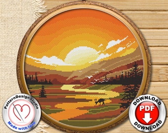 Sunset in the Forest Embroidery PDF Pattern Cross Stitch Download Deer River Nature Romantic Pattern Advanced Beginners #P236