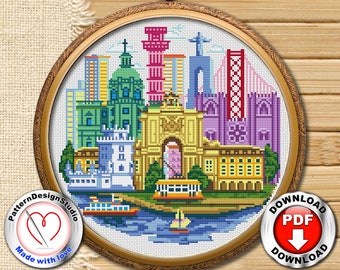 Lisbon cross stitch pattern PDF digital file, Travel Portugal cross stitch, City embroidery pattern, Cross Stitch World, Needlepoint pattern