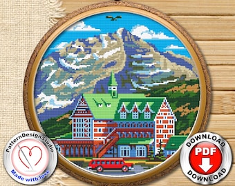 Waterton Lake National Park cross stitch pattern PDF Canada modern cross stitch Mountains, Landscape embroidery Counted cross stitch chart