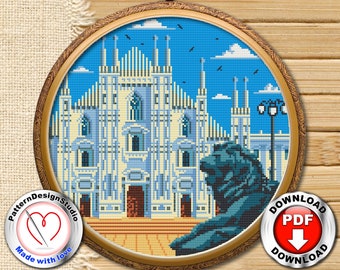 Italie, modèle de point de croix à télécharger, Milan, architecture point de croix, point de croix compté, voyage point de croix, cadeau pour les voyageurs