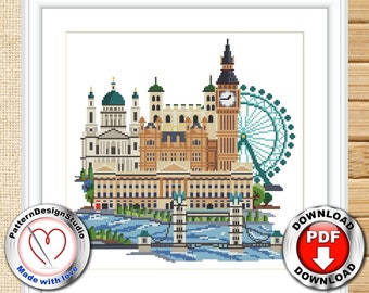 ロンドンのクロスステッチ パターン PDF、イングランドのクロスステッチ、都市のスカイラインの刺繍デザイン、旅行のクロスステッチ、英国のクロスステッチ、旅行ギフト