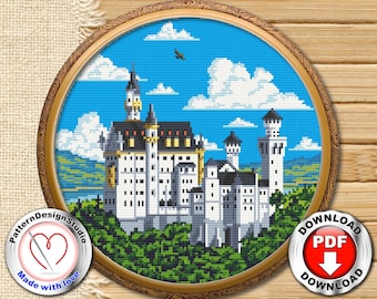 ノイシュヴァンシュタイン城のクロスステッチパターン PDF ダウンロード、バイエルン ドイツ刺繍デザイン、旅行用クロスステッチ、旅行ギフト、DIY ホームデコレーション