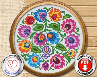 Floral art Folk Flower Cross Stitch Pattern PDF Instant Download | Cross Stitch Chart | Traditional Folk Art Modern Cross Stitch #P284
