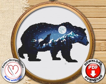 Silhueta de urso Padrões de ponto cruz de animais Padrão de ponto cruz de urso, natureza, paisagem, animal, montanha, lobo Download instantâneo PDF