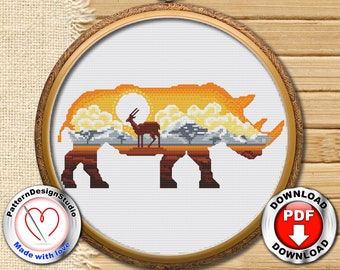 Rhino #P103 Counted Cross Stitch Pattern Silhouette | Animals Embroidery | Instant Download | Easy Embroidery Designs | Modern Embroidery