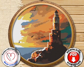 Lighthouse Landscape Cross Stitch Pattern Nature Sea Simple Modern Counted Cross Stitch Chart Cross Stitch Gift Idea Digital Format PDF