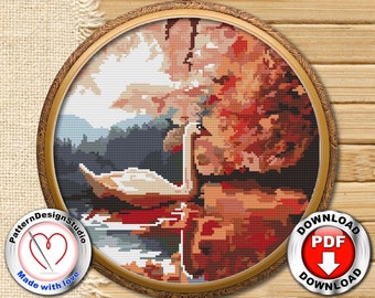 Swan Cross Stitch Pattern Landscape Lake Nature Simple Modern Counted Cross Stitch Chart Cross Stitch Gift Idea Digital Format PDF