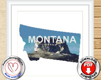 Landscape Modern Cross Stitch Pattern, Montana State, Nature cross stitch chart, Embroidery Design, Mountains US States, Digital Format PDF