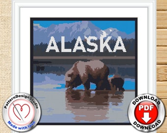 Alaska State Modern Counted Cross Stitch Pattern, Nature cross stitch, Embroidery Design, Lake, Mountains, Landscape, Digital Format PDF