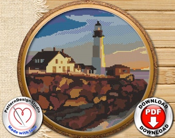 Lighthouse landscape cross stitch pattern Modern Counted Cross Stitch Chart Mountains Nature Sea Cross Stitch Gift Idea Digital Format PDF