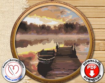 Nature Cross Stitch Pattern Landscape Ship Counted Cross Stitch Chart Cross Stitch Seascape Dawn Embroidery Design Instant Download PDF